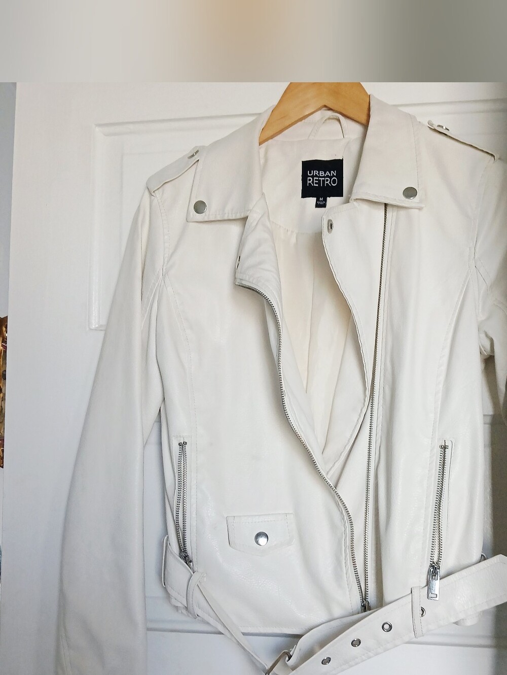 Urban Retro White Leather Vegan Motorcycle Jacket Asymmetrical Zip Snap Buttons